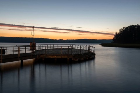 Dawn at Lake Plau, bathing area, Beech Resort, Ganzlin, Mecklenburg-Western Pomerania, Germany,