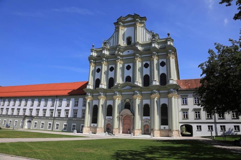 Facade of the Cistercian Abbey Church Fürstenfeld in Fürstenfeldbruck, Upper Bavaria, Bavaria,