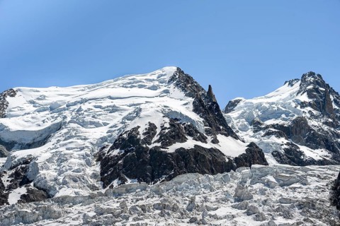La Jonction, glacier tongue, Glacier des Bossons meets Glacier de Taconnaz, summit of Mont Maudit