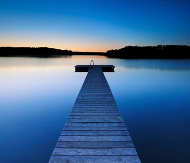 Quiet lake with bathing jetty after sunset, bathing area, Mecklenburg Lake District,