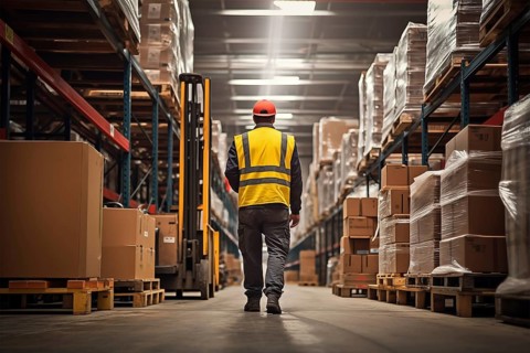 A worker in a reflective vest operates a forklift in a well-lit warehouse, navigating through