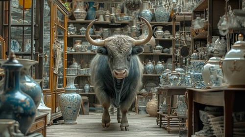 Very large bull with horns in a China shop filled with glassware. generative AI, AI generated