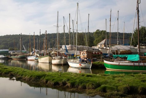 Boats on the Helford River in boatyard at Gweek, Cornwall, England, United Kingdom, Europe