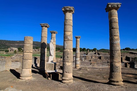 Statue of Emperor Trajan in the forum, Baelo Claudia Roman site, Cadiz Province, Spain, Europe