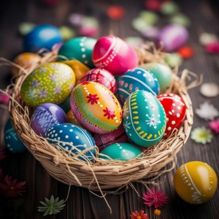 Easter celebration, featuring a collection of brightly colored eggs, each intricately painted with