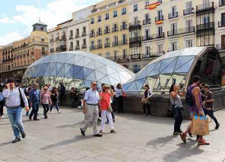 Glass building part of Sol metro station, Plaza de la Puerta del Sol, Madrid city centre, Spain,