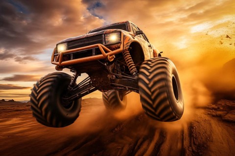 Monster truck driving and jumping outdoors amidst a cloud of dust. Thrill and adrenaline of an