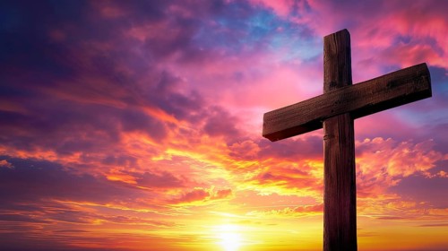 Easter concept cross on Golgotha Calvary hill in sky against a dramatic sunset, AI generated