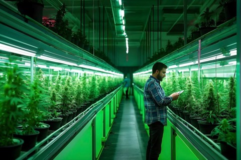 Cannabis cultivation facility in flourishing condition neatly arranged rows of vibrant green