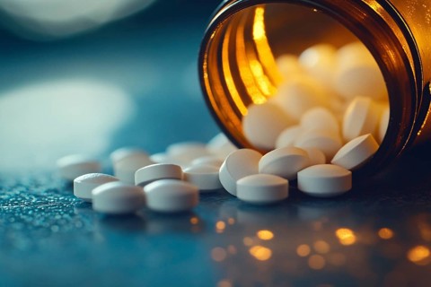 Close up of medical pills spilling from glass bottle container. Generative Ai, AI generated