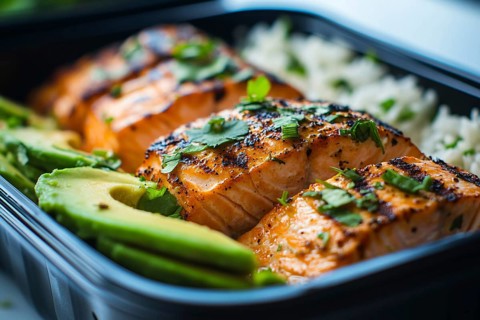Meal prep with healthy grilled salmon fish, avocado and rice. Generative Ai, AI generated