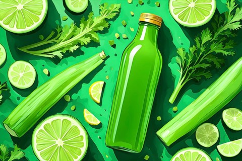 Abstract wallpaper composition with bottle of delicious green detox juice and fruits and