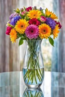 Transparent crystal glass vase with vibrant blooming flowers, AI generated