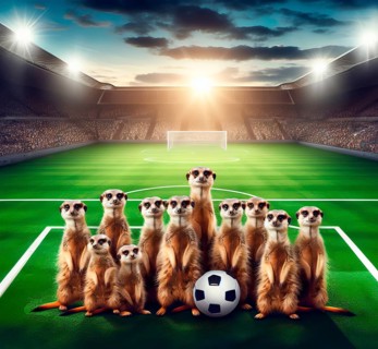 A group of meerkats have lined up as a football team in a football stadium, AI generated, AI