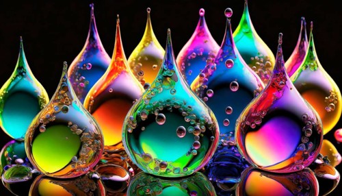 Colourful iridescent plastic drops and bubbles filled with oily liquids, round glass drop-shaped
