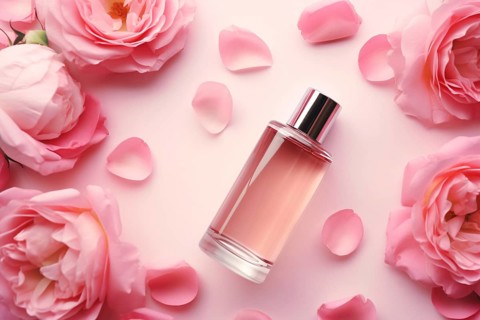 Bottle with beauty face serum surrounded by pink peony flowers. KI generiert, generiert AI