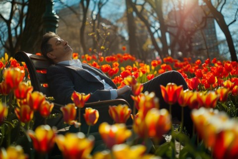 A businessman rests on a park bench surrounded by tulips in a park and enjoys the first warming