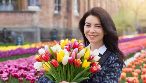 A happy woman enjoys a large bouquet of spring tulips, AI generated, AI generated