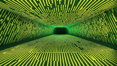 Abstract geometric pattern tunnel structure embodying data streams and communication in green hues,