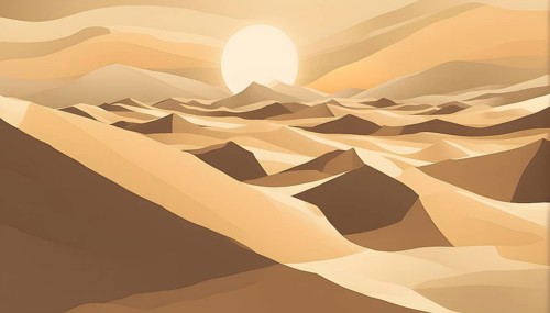 Abstract desert scene with triangular sand dunes and a single circular sun, using sharp lines and
