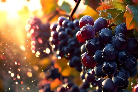 Harvest ready grape bunches with water droplets sparkling in the sunlight, AI generated