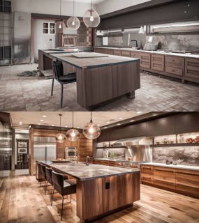 Luxurious custom kitchen upgrade interior before and after construction, generative AI, AI