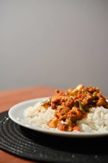 Close-up view of chicken ragout with vegetables and rice served on a plate