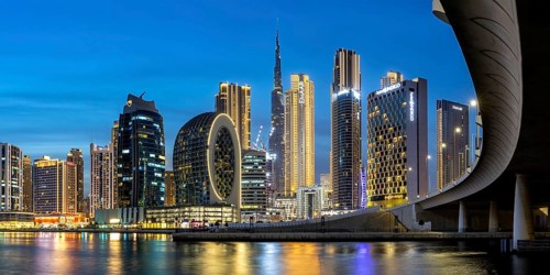 Dubai Burj Khalifa skyline tallest building in the world downtown at night panorama in Dubai,