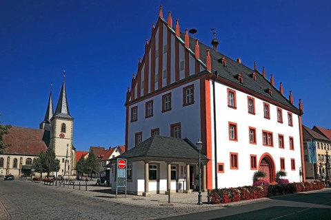 Old town hall and parish church, Hassfurt, Hassberge district, Lower Franconia, Bavaria, Germany,
