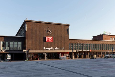 Duisburg main station, deserted forecourt due to strike by the German Train Drivers' Union, GDL,