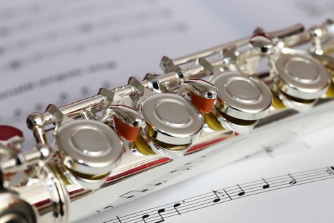 Symbolic image: Transverse flute on music book