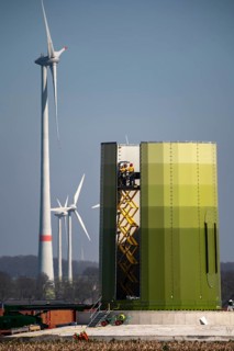 Construction of a wind turbine, Enercon steel pillar, near Kerken, Kleve district, Lower Rhine,