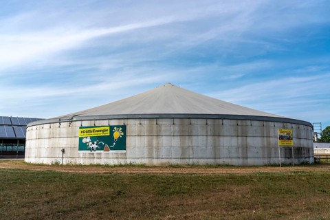 Farm with biogas plant, slurry energy, cowshed with solar roof, near Straelen, Lower Rhine North