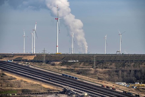 Garzweiler open-cast lignite mine, conveyor belt collection point, where the conveyor belts for