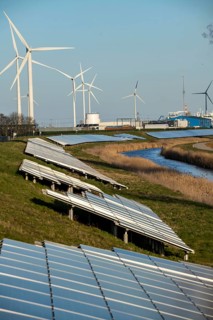 Solar park on the Slaperdijk dyke near the Eemshaven, test project, 17, 000 solar modules were