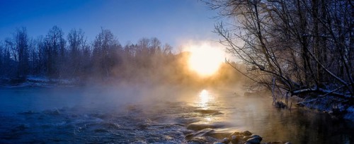 Sunrise on the Isar, Isar floodplains in winter, near Arzbach, Lenggries, Upper Bavaria, Bavaria,