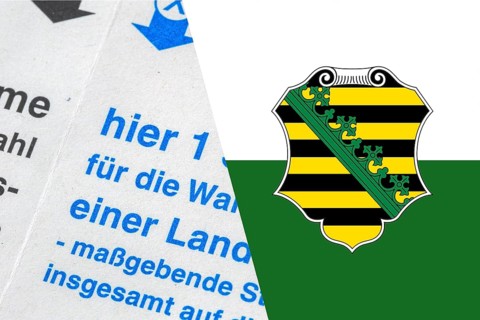 Symbolic image of state election in Saxony: Flag of Saxony and close-up of a ballot paper. The next
