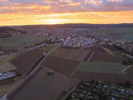 Landscape shot with villages and fields at an atmospheric dusk, Calw Stammheim, Black Forest,