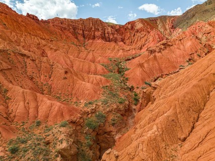Eroded mountain landscape, canyon with red and orange rock formations, aerial view, Konorchek