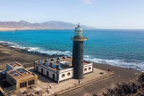 Aerial view of lighthouse Faro Punta de Jandia on southern tip of Jandia peninsula, on flat roof
