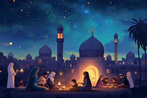 Essence of Ramadan, featuring people gathered and eating near a mosque under a starry night sky,