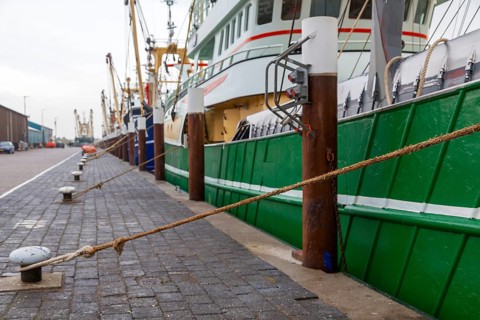 Fishing boats moored to bollards, Oudeschild harbour, Texel, West Frisian Island, North Holland,