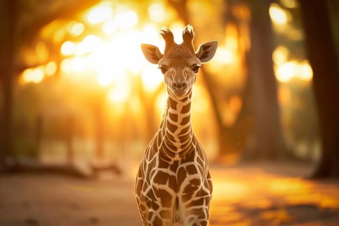 Baby giraffe standing amidst the golden rays of the setting sun, surrounded by nature beauty, AI