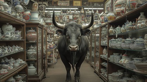 Very large bull with horns in a China shop filled with glassware. generative AI, AI generated