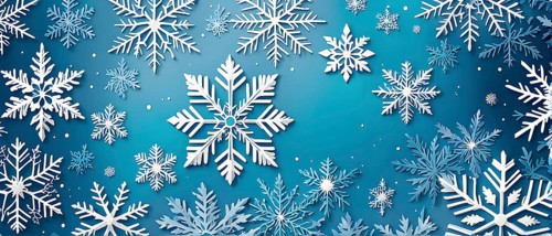 Abstract pattern of snowflakes in varying sizes and shapes in soft white and blue gradients, AI