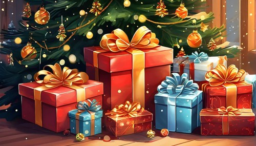 Abstract illustration of wrapped Christmas gifts, shiny ribbons and bows, stacked under a evergreen