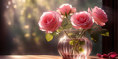 Transparent crystal glass vase with pink blooming roses, AI generated