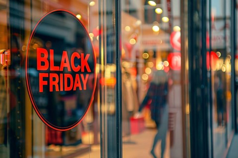 Round black advertisement sign with red text 'Black Friday' in shopping window. Generative AI, AI