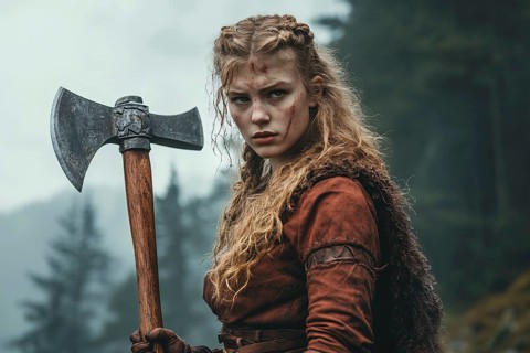 Blond female viking with ax. Fenerative Ai, AI generated