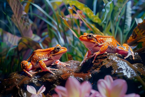 Two tomato frogs on leaves, Madagascar, AI generated, Africa